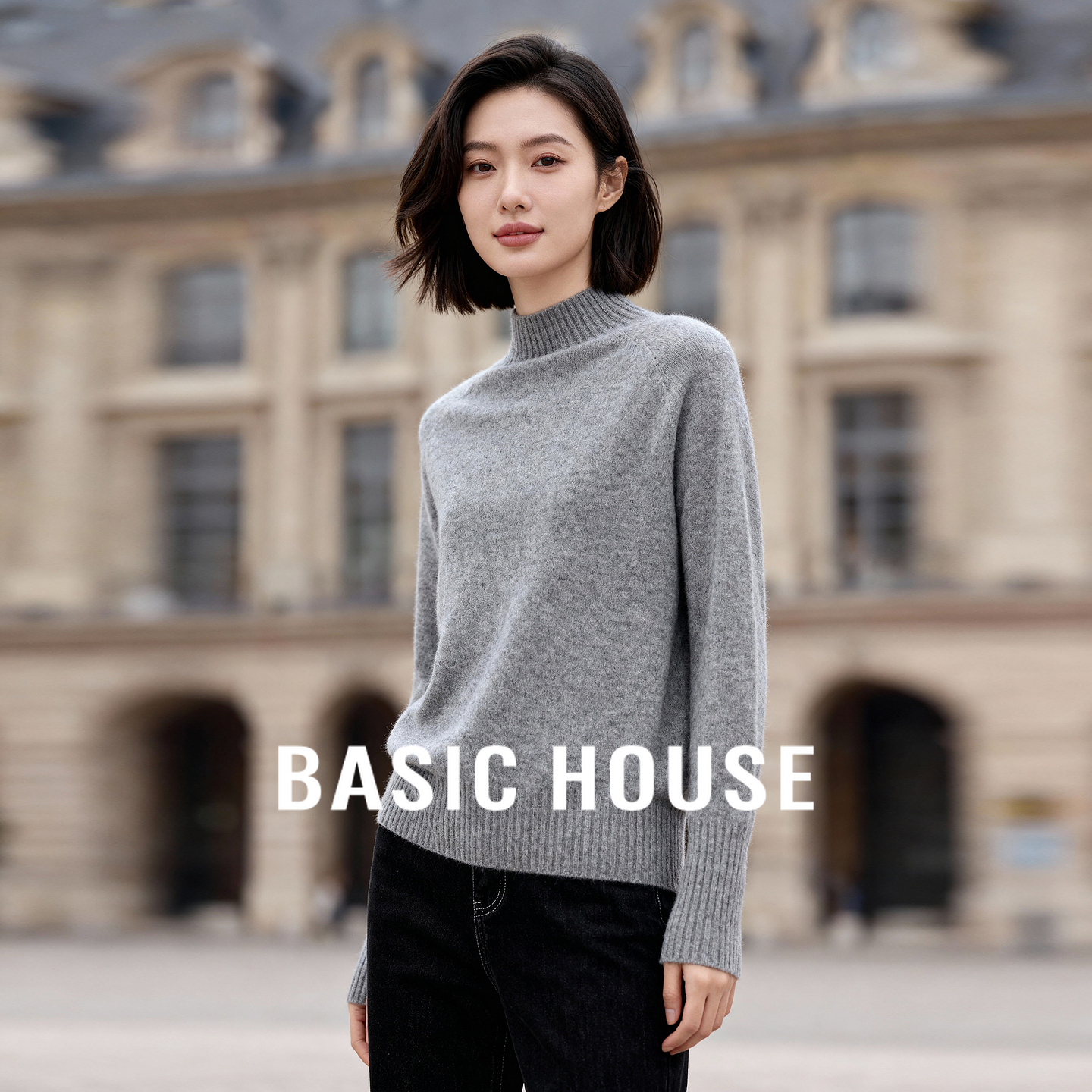 Basic House/百家好休闲半高领针织毛衣2025秋冬清新保暖宽松上衣