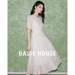 Basic House/百家好夏蕾丝刺绣粉色连衣裙中长款套头气质短袖裙子