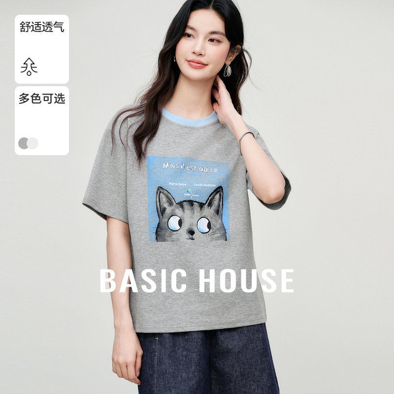 Basic House/百家好撞色领口设计感夏季新款卡通印花短袖套头T恤