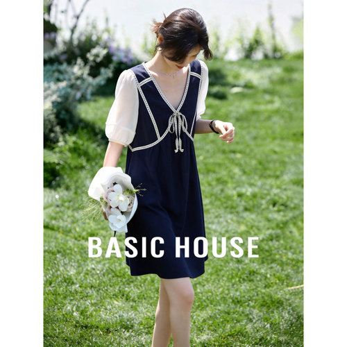 Basic House/百家好莱赛尔撞色a字连衣裙女夏季泡泡袖中长款裙子