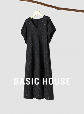 Basic House/百家好法式印花短袖连衣裙高级感V领小黑裙夏季新款