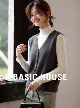 Basic House/百家好复古V领针织马甲女彩色纽扣设计感叠穿背心春