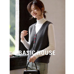 Basic House/百家好复古V领针织马甲女彩色纽扣设计感叠穿背心春
