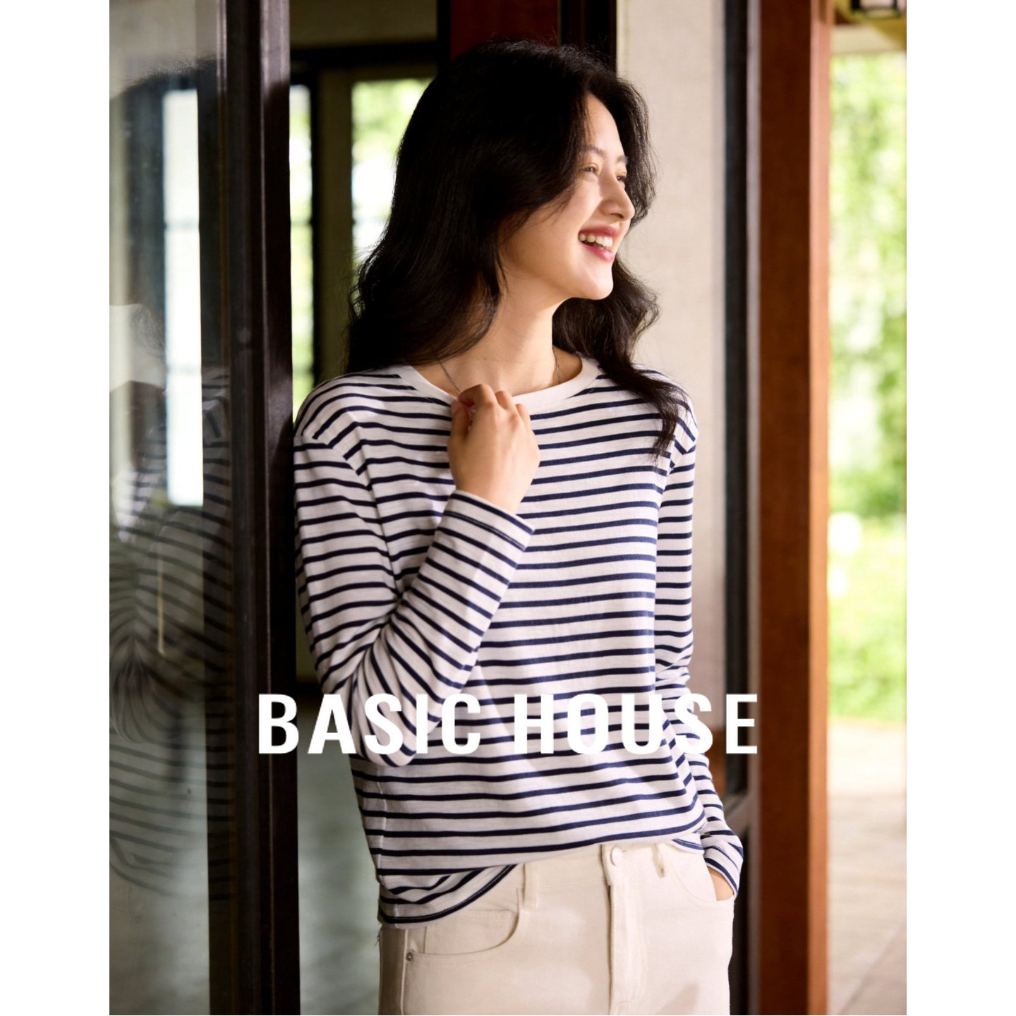 Basic House/百家好纯棉撞色条纹T恤长袖宽松套头上衣春夏薄款女