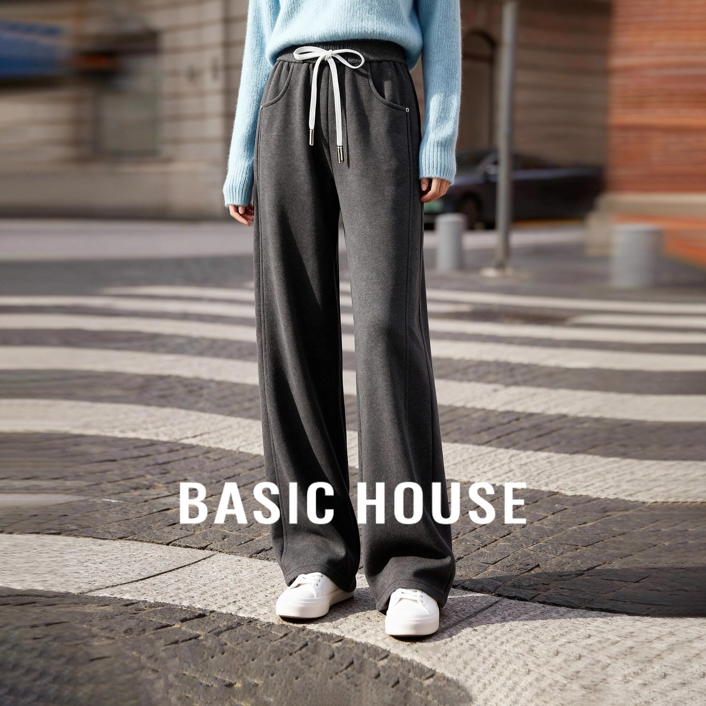 Basic House/百家好加绒休闲风阔腿裤女冬季高腰系带宽松保暖长裤