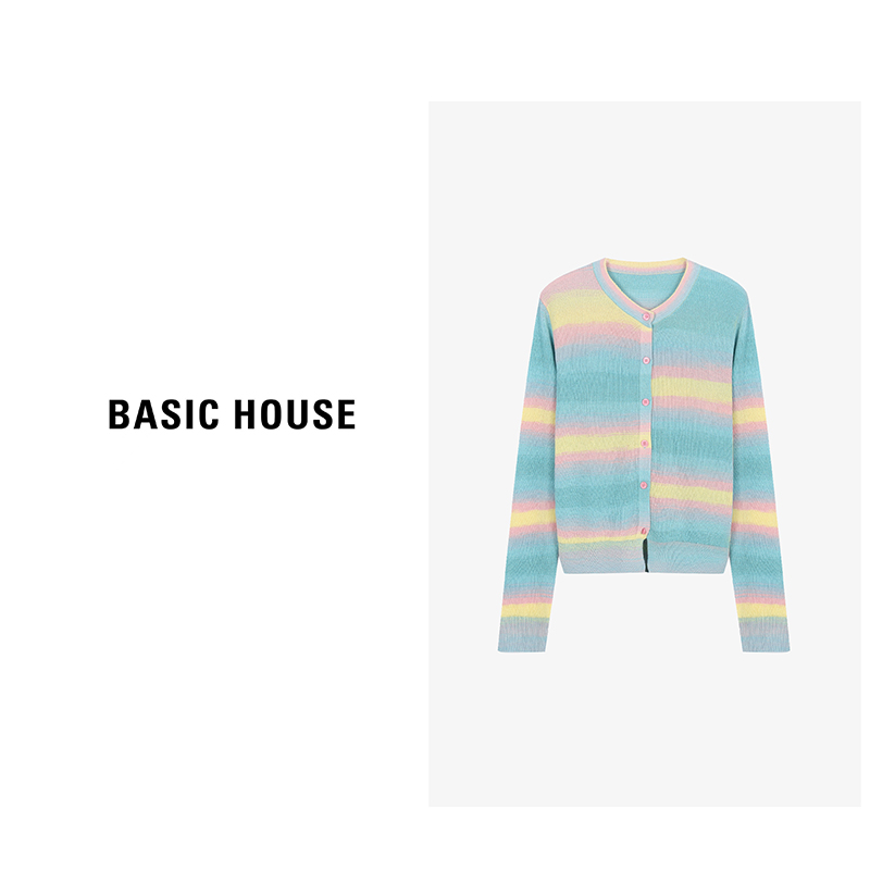 Basic House/百家好撞色休闲针织衫女春季新款设计感长袖针织开衫