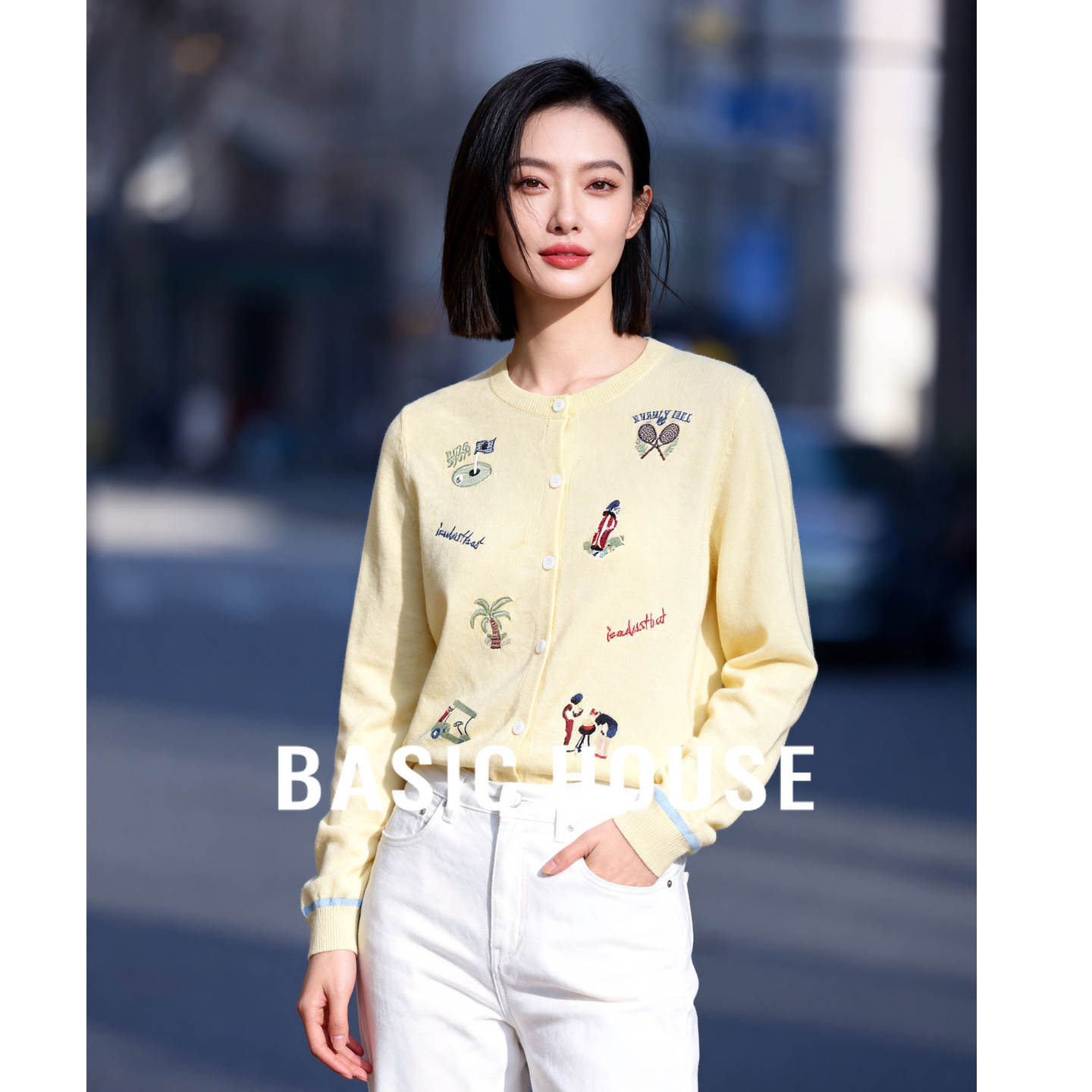 Basic House/百家好卡通减龄针织衫女2025秋宽松圆领开衫外套上衣