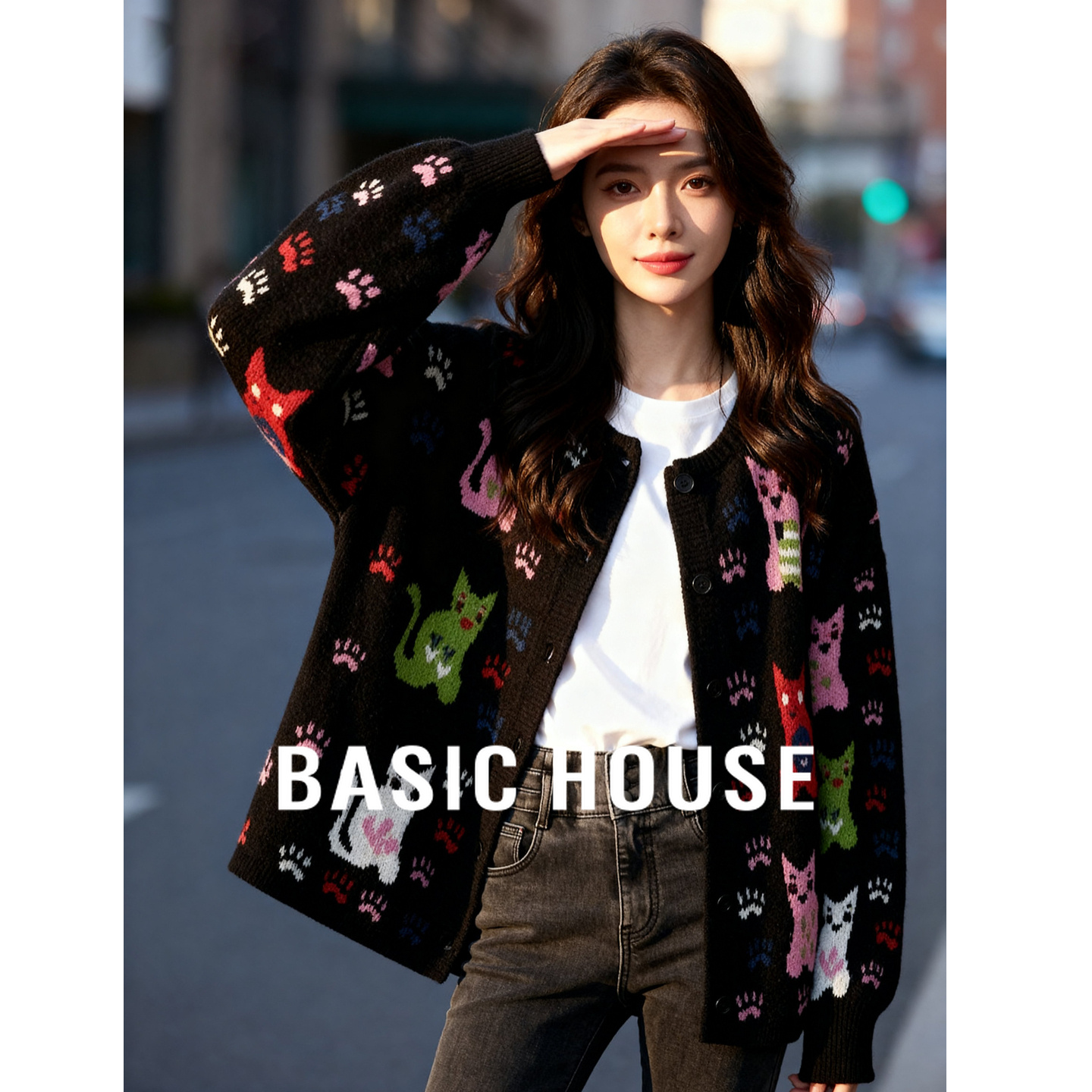 Basic House/百家好猫咪刺绣针织开衫女2025秋季减龄圆领毛衣外套