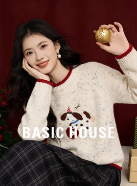 Basic House/百家好撞色领口刺绣毛衣女冬季彩点撞色套头针织上衣