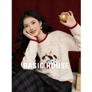 Basic House/百家好撞色领口刺绣新年红色毛衣女冬彩点套头针织衫