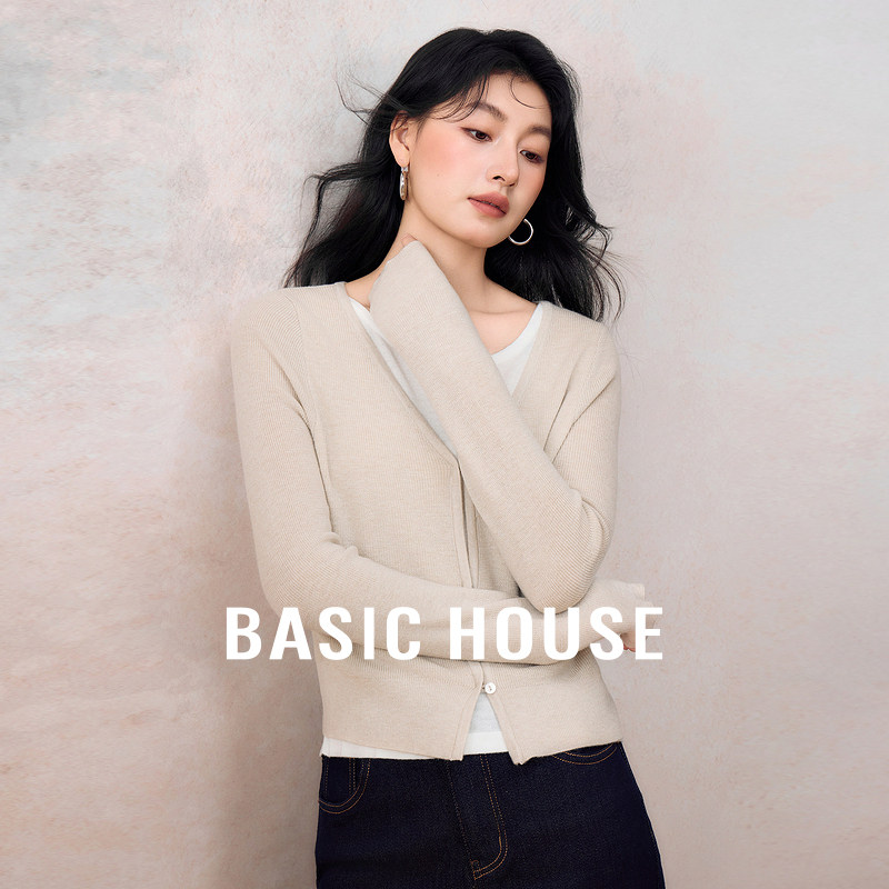 Basic House/百家好撞色假两件绵羊毛针织衫春季新款套头长袖上衣