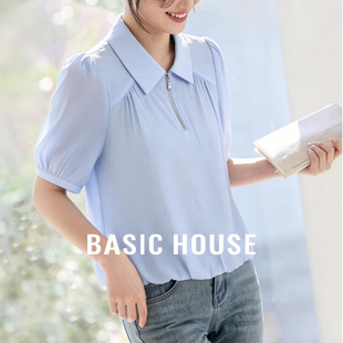 宽松显瘦短袖 Basic 女夏季 百家好浅蓝色翻领拉链衬衫 上衣 House