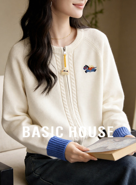 Basic House/百家好小马刺绣撞色开衫毛衣女2026春新款双拉链上衣