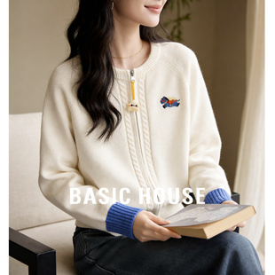 Basic House/百家好小马刺绣撞色开衫毛衣女2026春新款双拉链上衣