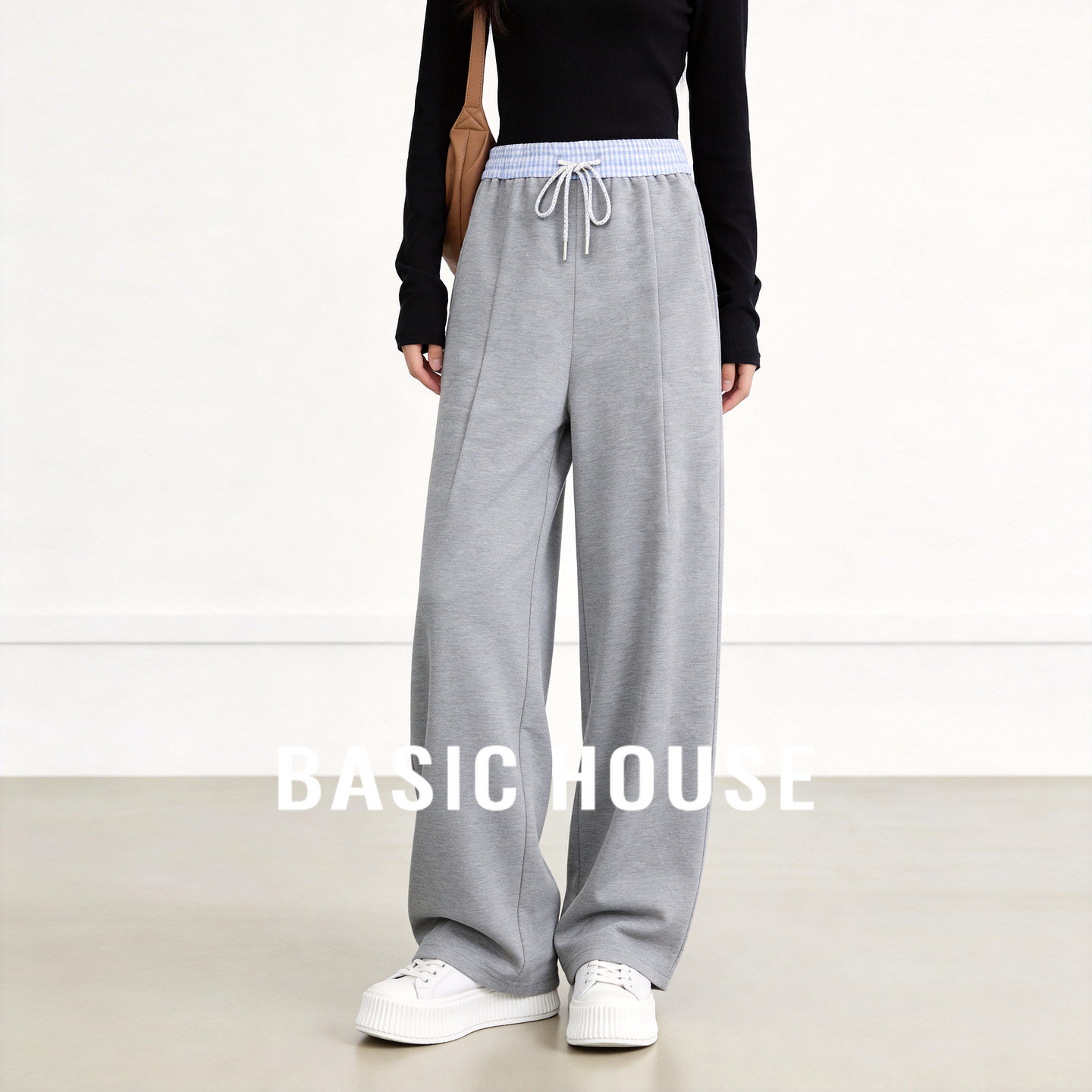 Basic House/百家好垂坠感弯刀卫裤女春季高腰抽绳撞色腰头休闲裤