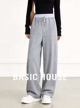Basic House/百家好垂坠感弯刀卫裤女春季高腰抽绳撞色腰头休闲裤