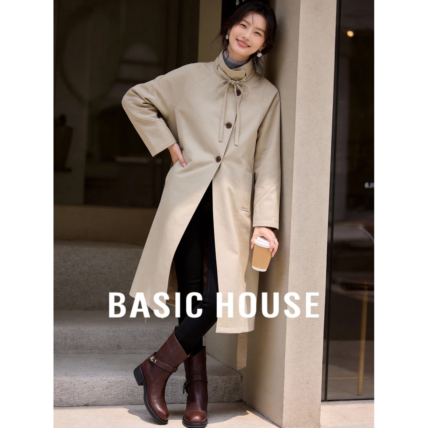 百家好立领长款风衣女士春季2026新款休闲外套设计感气质显瘦上衣