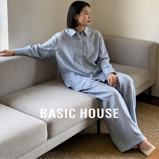 百家好女士慵懒时尚套装春季新款浅蓝色缎面衬衫阔腿休闲裤两件套