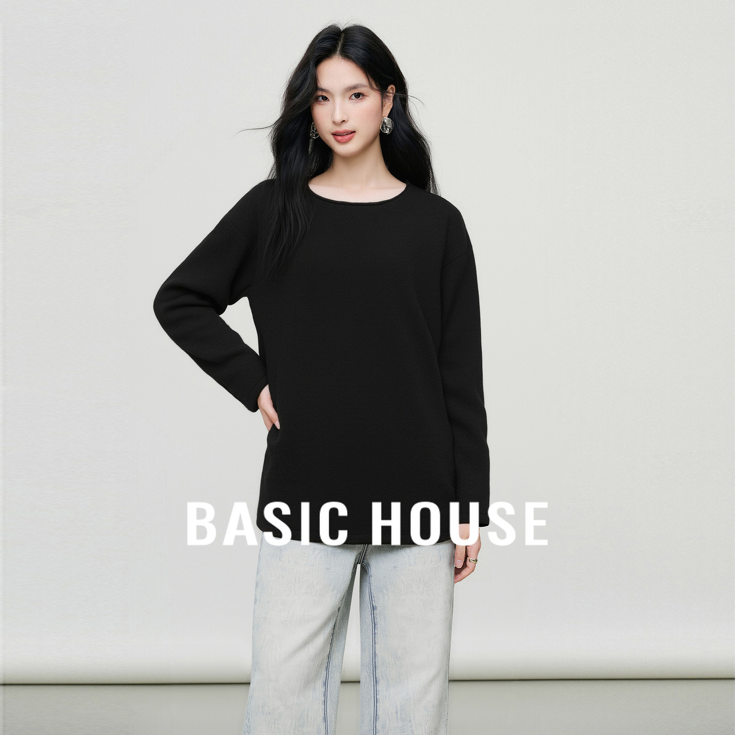 Basic House/百家好简约百搭秋季新款休闲随性风宽松显瘦针织衫女