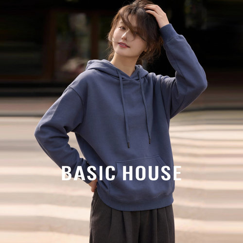 Basic House/百家好雾霾蓝连帽纯色宽松卫衣女抽绳大口袋百搭上衣