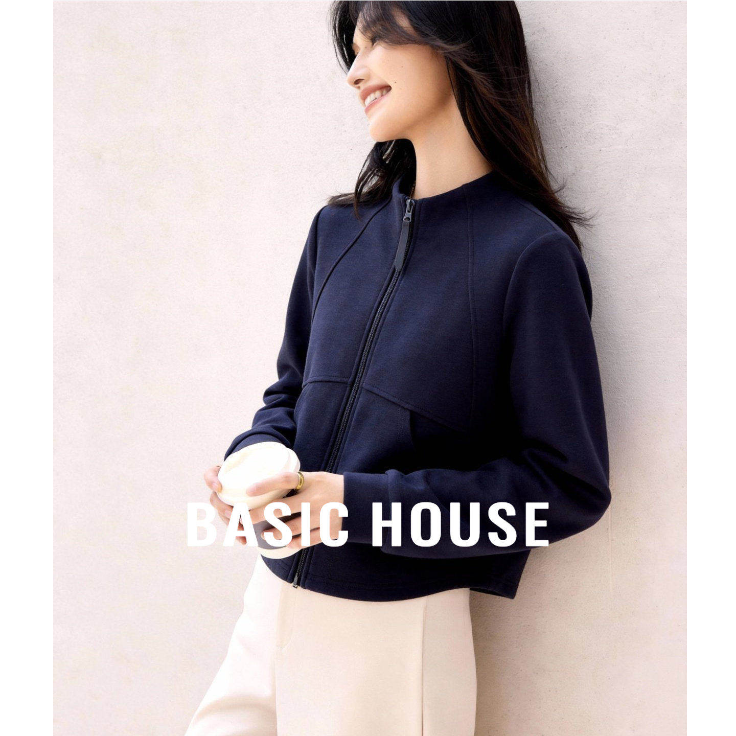 Basic House/百家好早春新款纯色拉链卫衣开衫宽松立领短款外套女