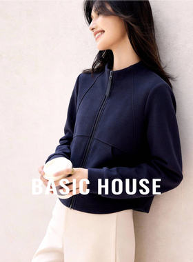 Basic House/百家好早春新款纯色拉链卫衣开衫宽松立领短款外套女
