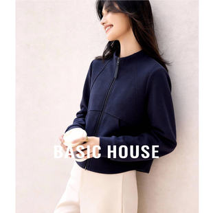 Basic House/百家好早春新款纯色拉链卫衣开衫宽松立领短款外套女
