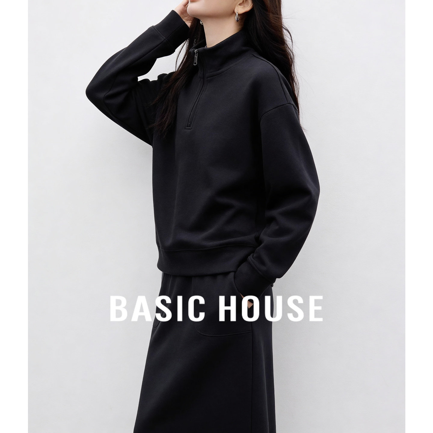 百家好黑色半拉链立领休闲卫衣女春季新款简约百搭慵懒风显瘦上衣