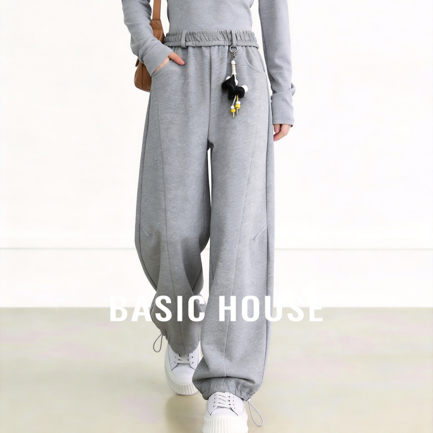 Basic House/百家好灰色抽绳束脚卫裤女春季松紧腰宽松阔腿运动裤