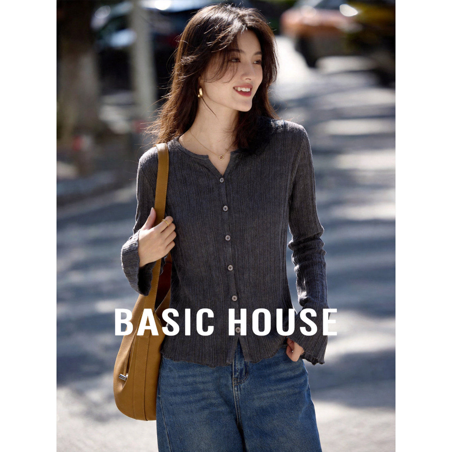 百家好爆款春夏新款开衫上衣气质优雅竖纹喇叭袖长袖套头针织衫女