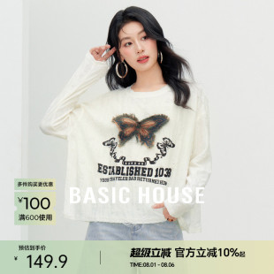 Basic 复古牛仔蝴蝶T恤夏流行圆领拉毛宽松上衣 House 百家好美式
