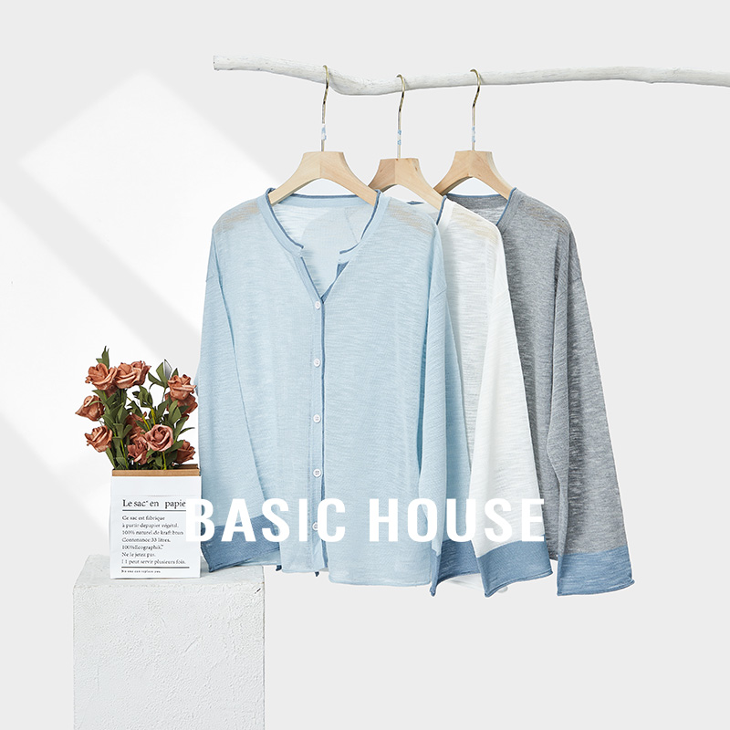 Basic House/百家好慵懒风撞色针织开衫外套小个子秋冬宽松上衣女