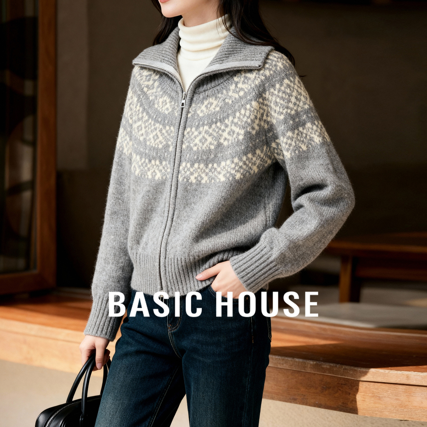 Basic House/百家好费尔岛翻领双拉链毛衣女2025冬季新款宽松外套