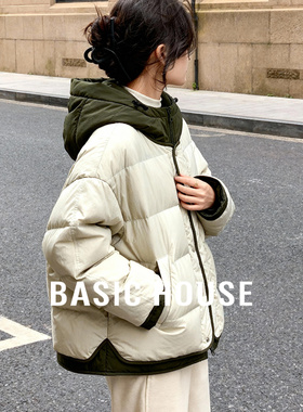 Basic House/百家好连帽撞色鸭绒羽绒服女款冬季保暖百搭短款外套