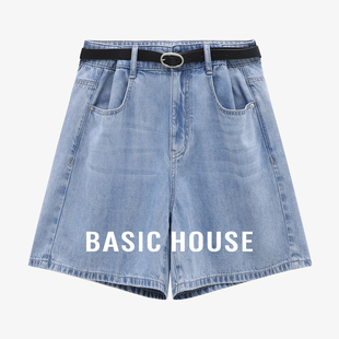 Basic House/百家好高腰牛仔短裤女25夏季腰带宽松显瘦阔腿五分裤