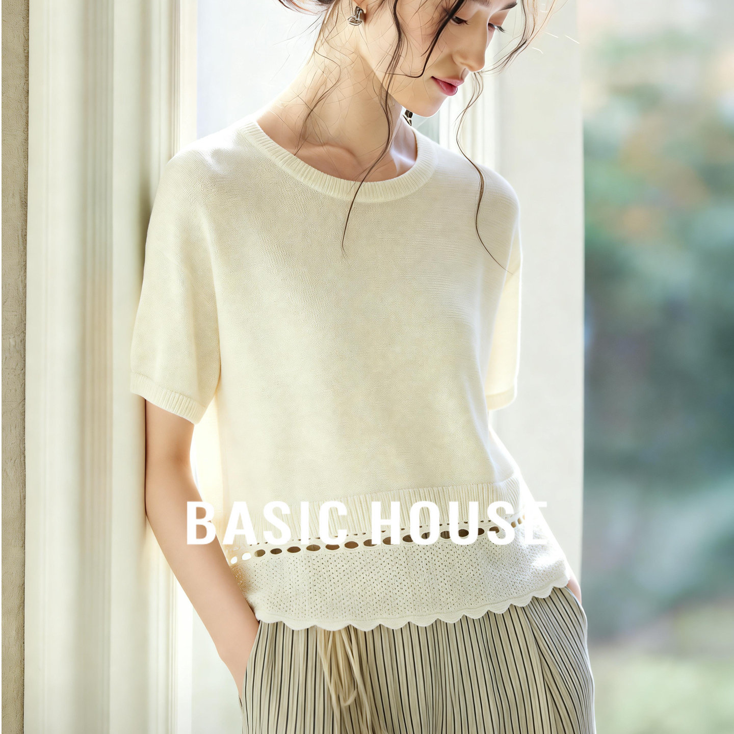 Basic House/百家好温柔风圆领花边短袖针织衫女修身上衣夏季薄款