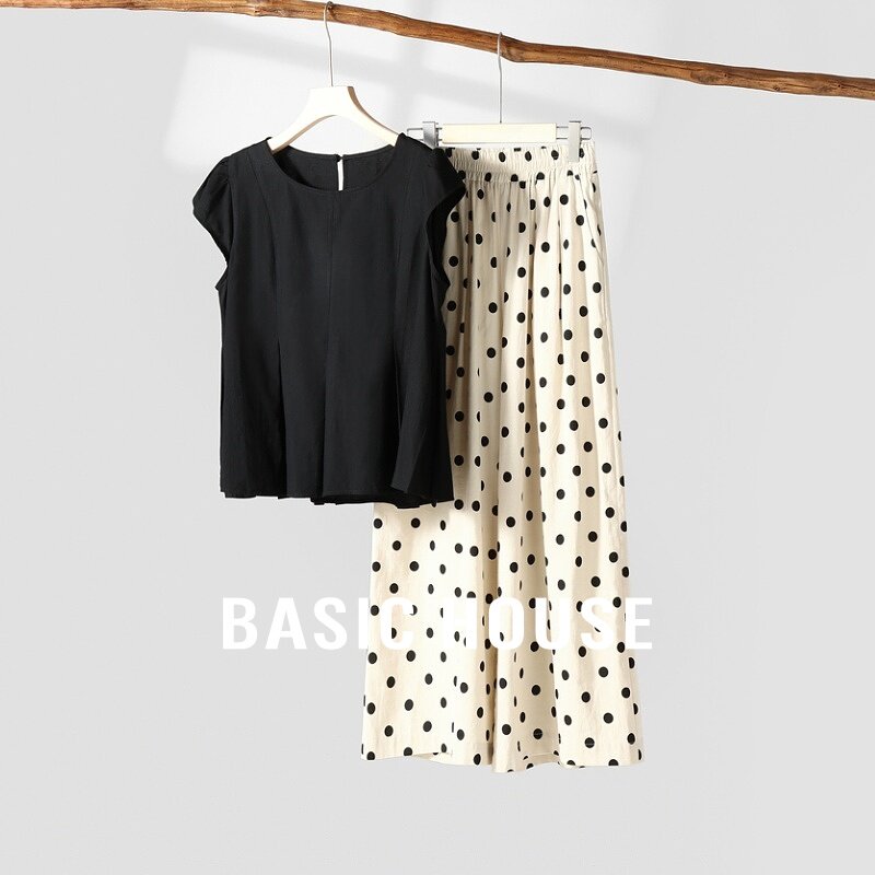 Basic House/百家好小飞袖衬衫上衣波点阔腿裤子两件套装夏季新款