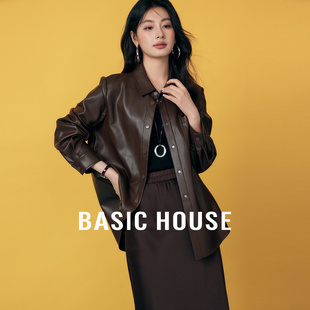 Basic House/百家好咖色皮衣外套女2025秋季复古翻领短款夹克上衣