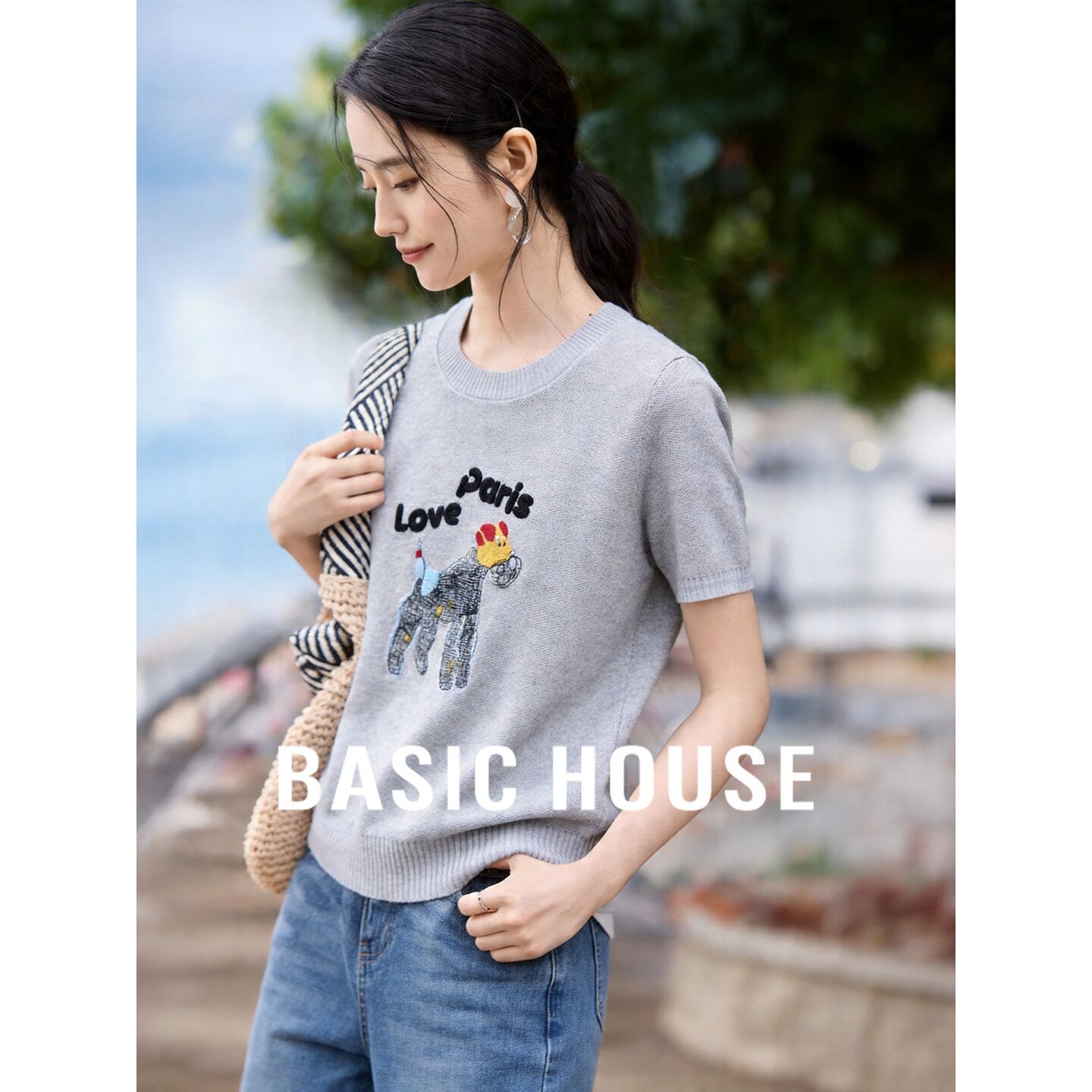 Basic House/百家好灰色针织短袖女夏季卡通小狗刺绣休闲T恤上衣