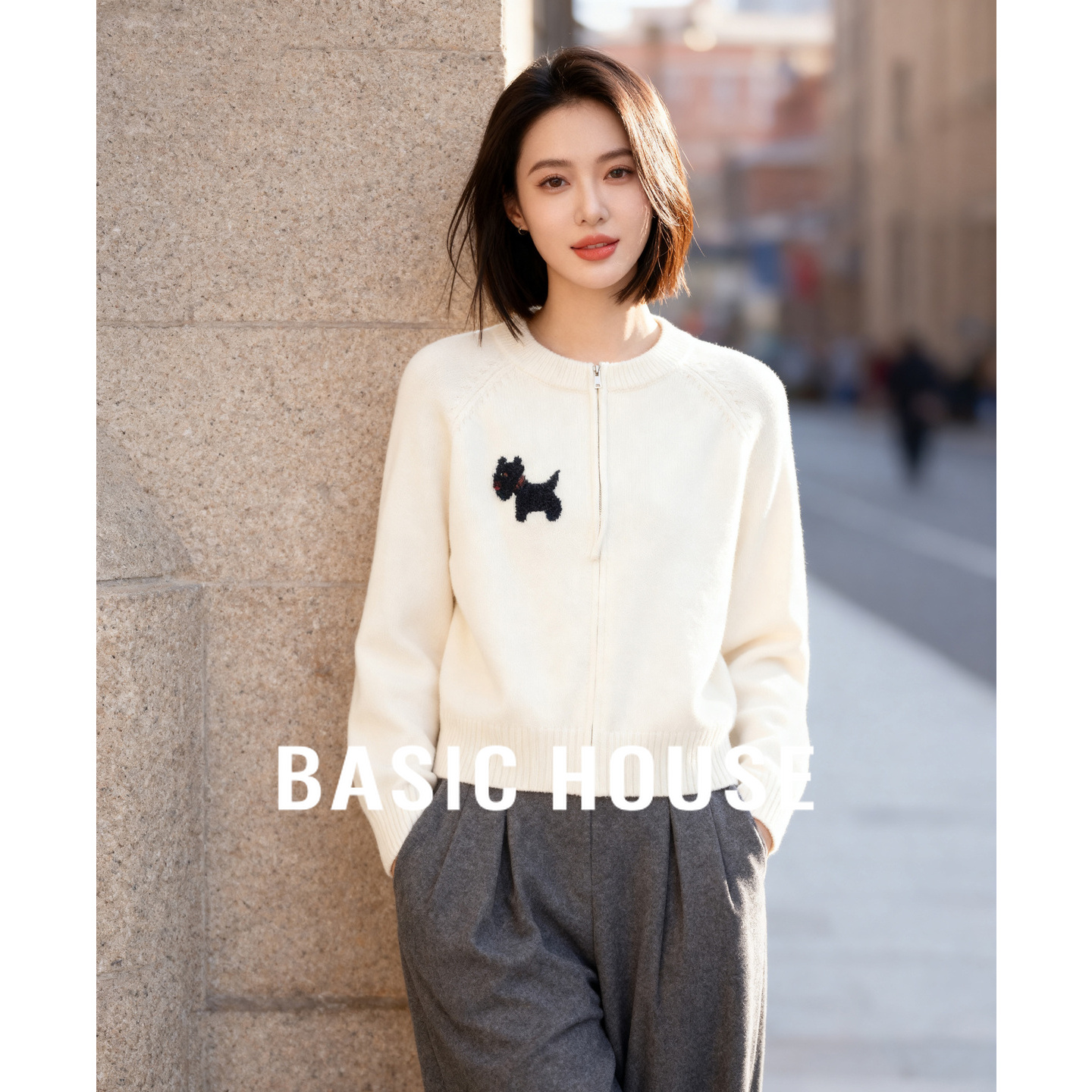 Basic House/百家好简约刺绣针织衫25秋季宽松圆领单排扣针织开衫
