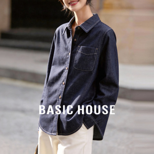新款 Basic 女春季 百家好深蓝色翻领牛仔衬衫 宽松叠穿衬衣 House