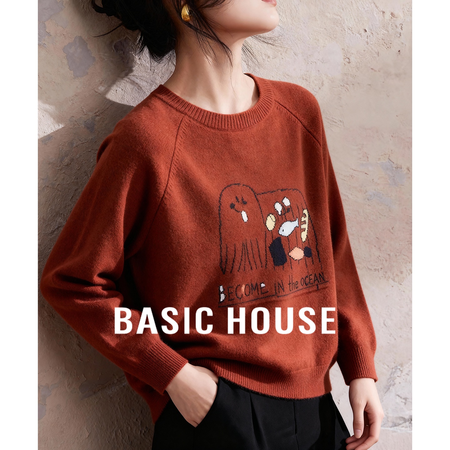 百家好圆领卡通刺绣圣诞毛衣女士2025冬季新款减龄纯色插肩袖上衣