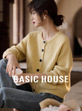 Basic House/百家好韩系黄色开衫毛衣新款绵羊毛温柔慵懒毛衫外套