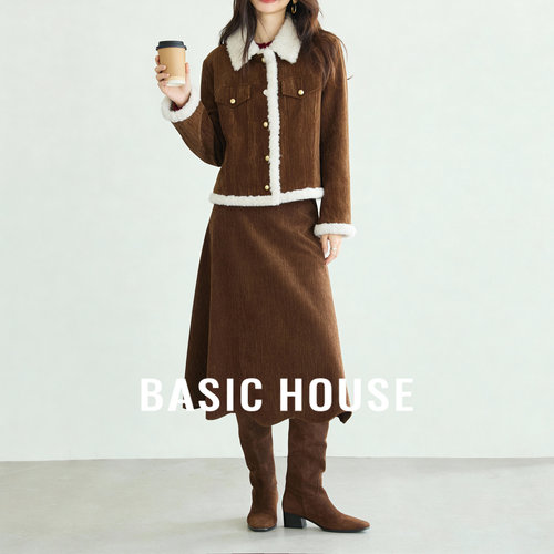 百家好灯芯绒撞毛绒边翻领竖纹肌理通勤保暖复古甜酷冬季时尚套装