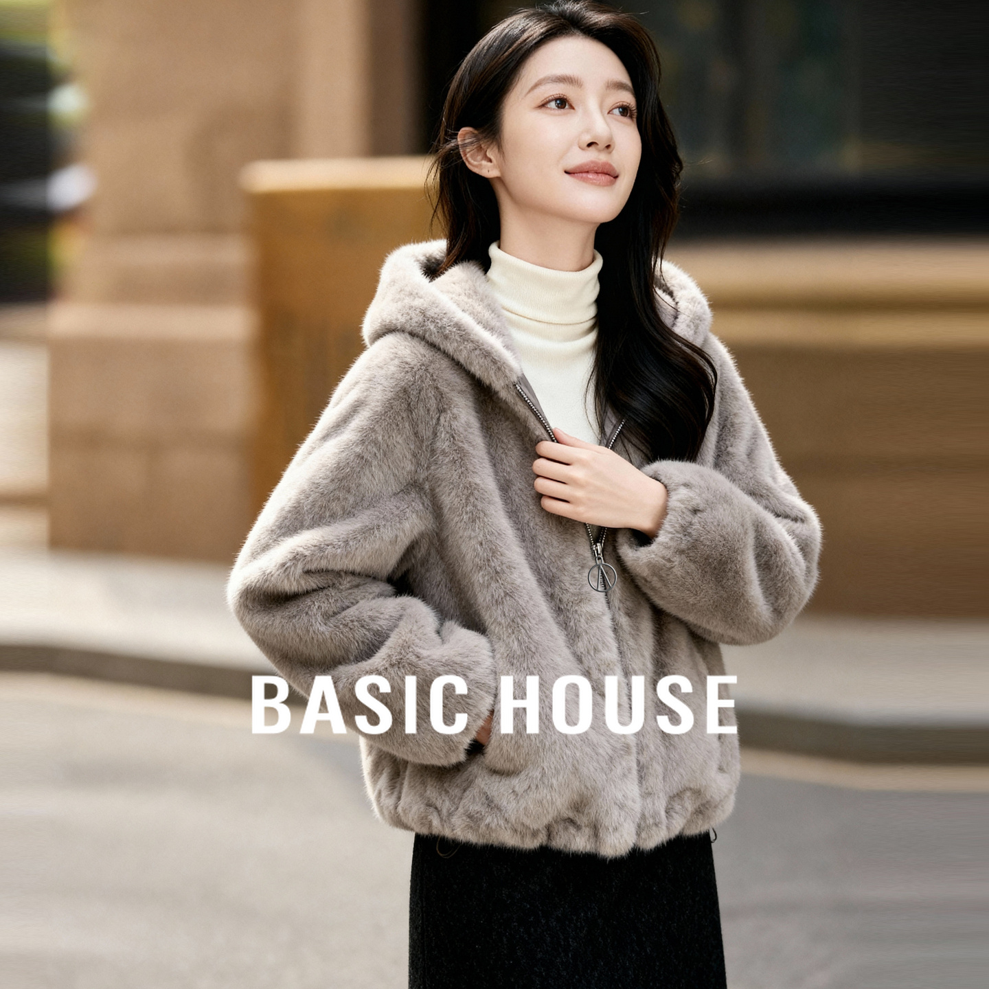 Basic House/百家好2025冬仿水貂绒连帽外套宽松加厚保暖毛绒大衣