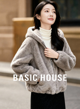 Basic House/百家好冬季新款仿水貂绒连帽宽松加厚保暖毛毛外套女