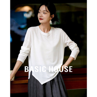 新款 Basic T恤夏季 百家好白色圆领长袖 开叉莱赛尔宽松内搭 House