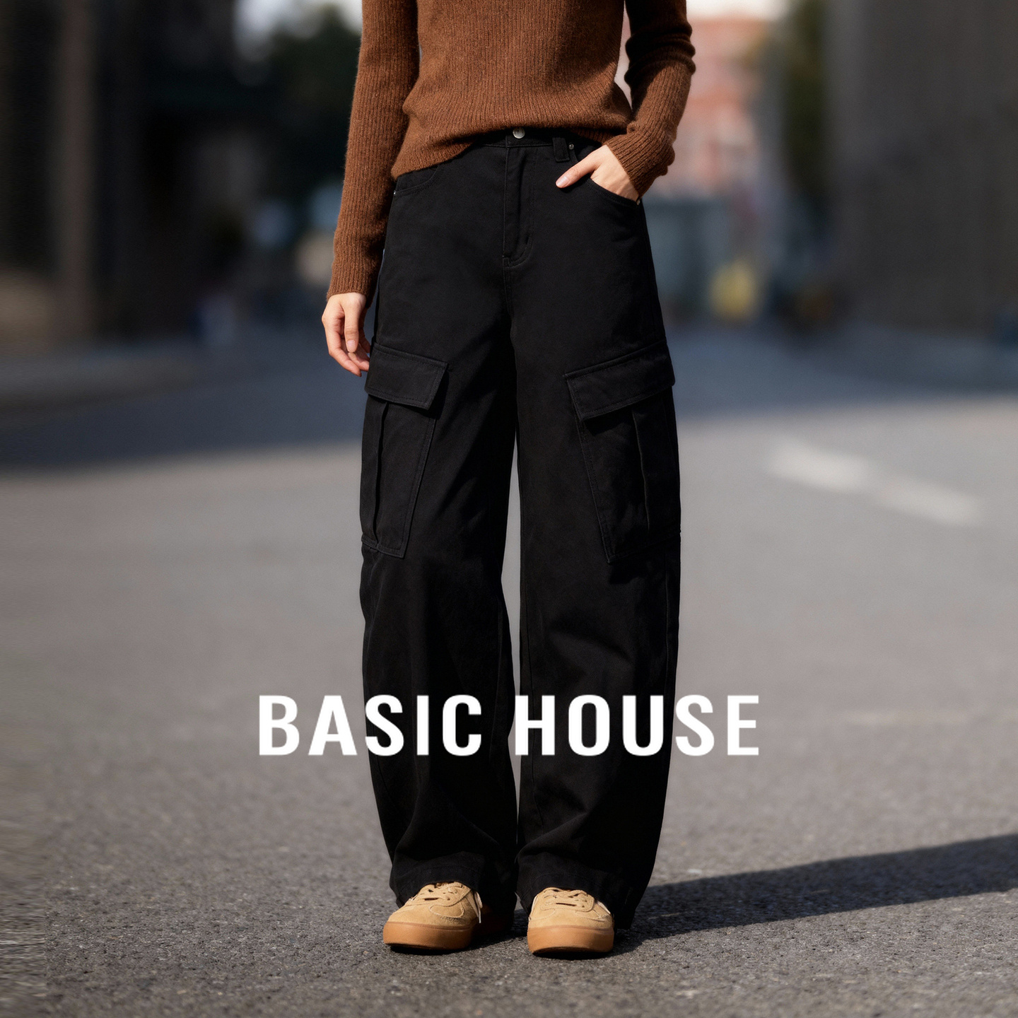 Basic House/百家好工装风简约多口袋设计秋冬新款宽松百搭阔腿裤