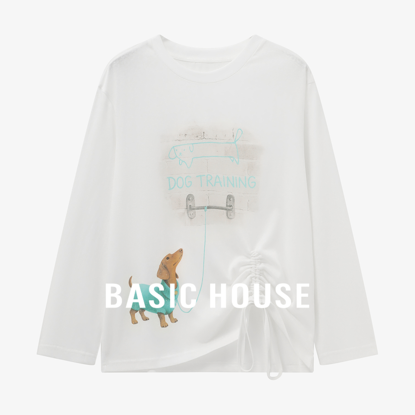 Basic House/百家好白色长袖T恤女卡通印花侧边抽绳设计感秋上衣