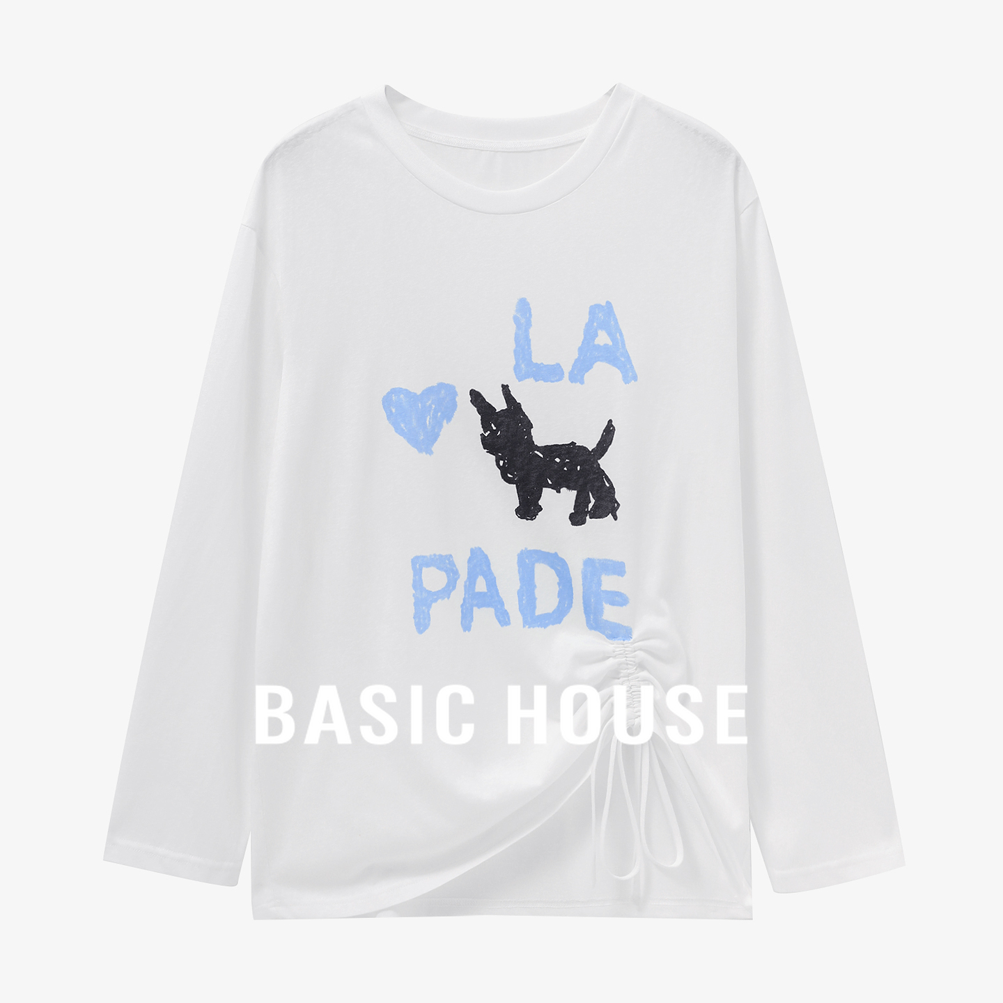Basic House/百家好白色长袖T恤女早秋侧边抽绳设计宽松休闲上衣